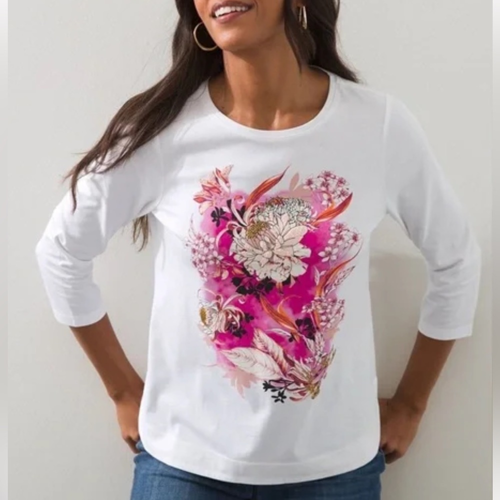 NWT Chico’s Embellished Beaded Floral White 3/4 Sleeve Tee Size M Artsy